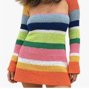 Crochet Knit Dress Crop TopWomens Cover up Hollow Multicolor Stripes NWT XL